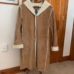 Tan Suede Women's Coat with Cream Trim, Lauren